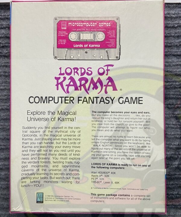 LORDS OF KARMA-ATARI 400/800,APPLE II, PET, TRS-80- CASSETTE-NTSC-BRAND NEW.