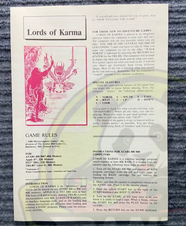 LORDS OF KARMA-ATARI 400/800,APPLE II, PET, TRS-80- CASSETTE-NTSC-BRAND NEW.