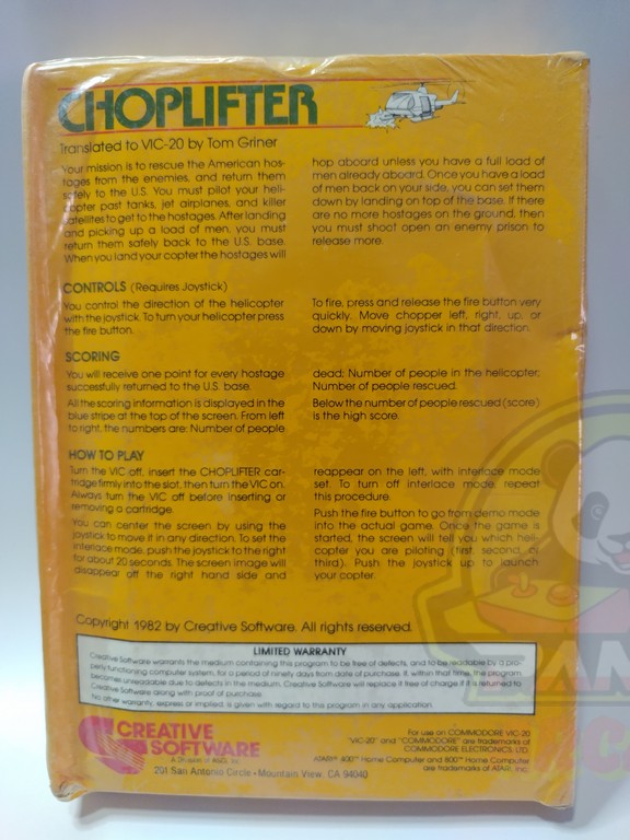 CHOPLIFTER-COMMODORE VIC-20-CARTRIDGE-NTSC- BRAND NEW.